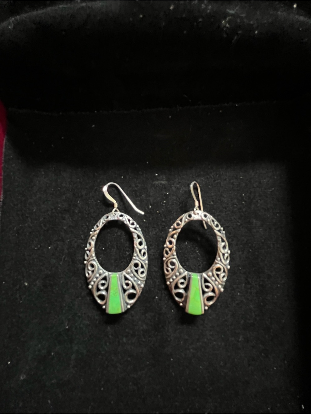 Green Inlay Filigree Oval Drop Earrings - Women Jewelry